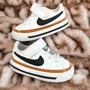 Nike Kids White Sneakers with Black Swoosh and Tan Accent